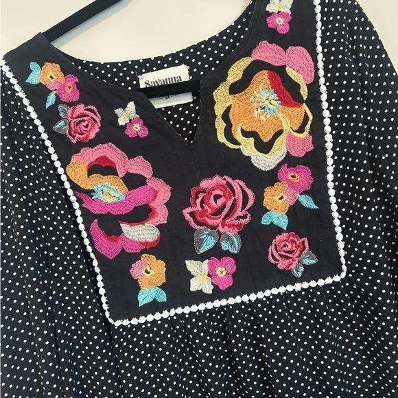 Savanna Jane Black Polka dot Embroidered Floral Bohemian Plus Top Blouse Size 3X - Picture 4 of 8